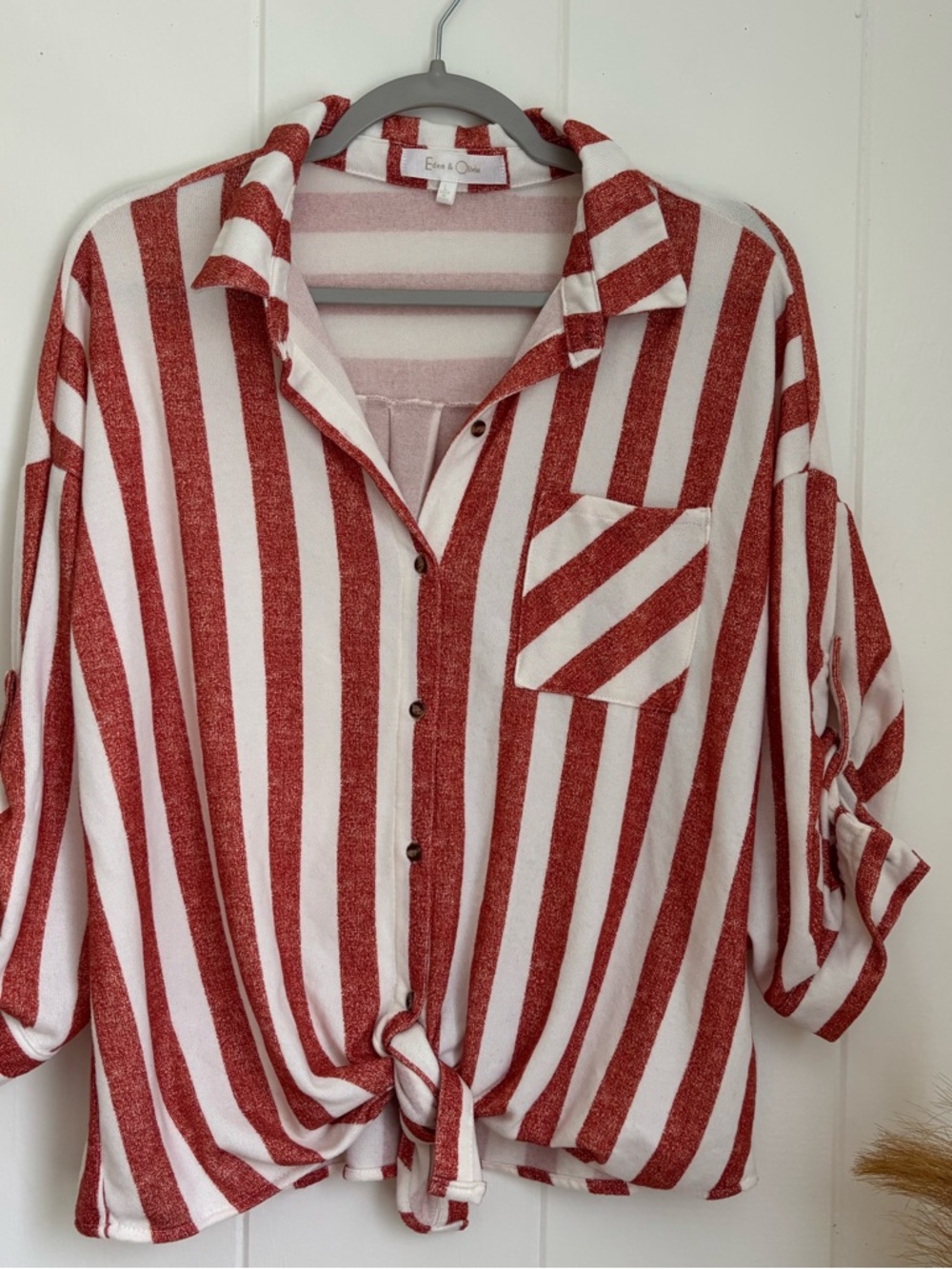 Eden & Olivia Red and White Striped Tie-Front Button-Down Shirt - Picture 2 of 7